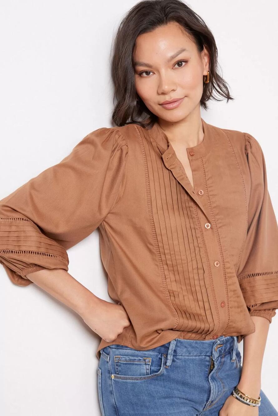 Evereve Womens Lenny Crochet Trim Blouse Button-Front 3/4 Sleeves Brown Size XL